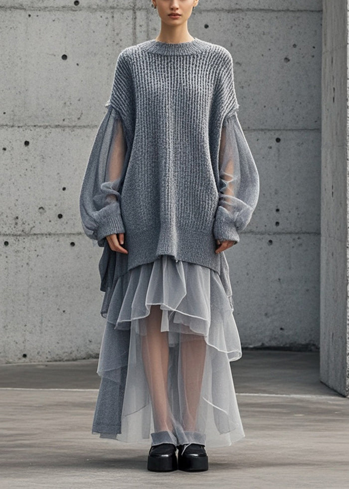 Bohemian Grey Oversized Patchwork Tulle Sweater Dress Fall