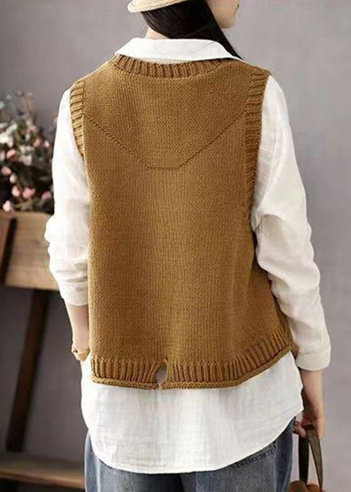 Bohemian Khaki Button Pockets Patchwork Cotton Knit Waistcoat Sleeveless