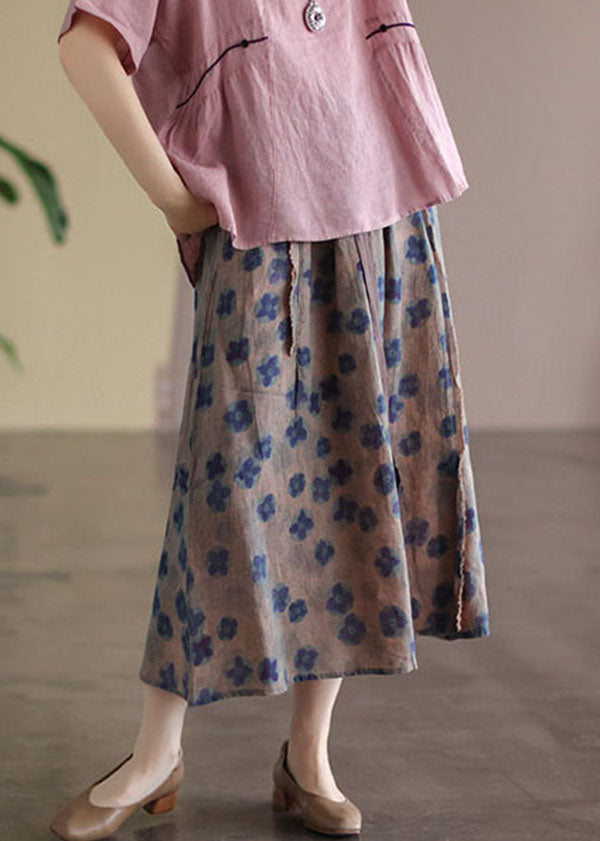 Bohemian Black flower Elastic Waist Print Linen Skirts Summer