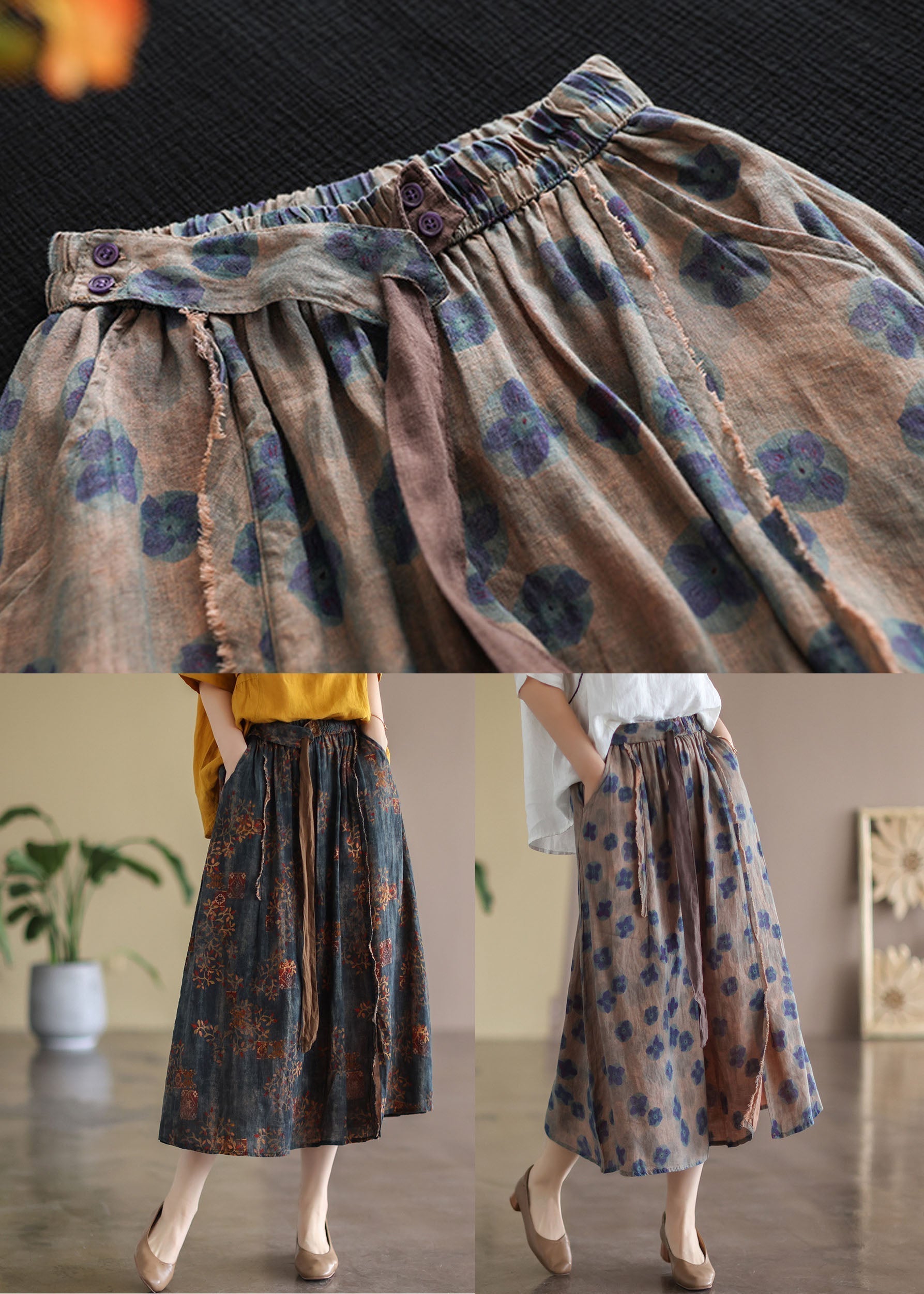 Bohemian Black flower Elastic Waist Print Linen Skirts Summer