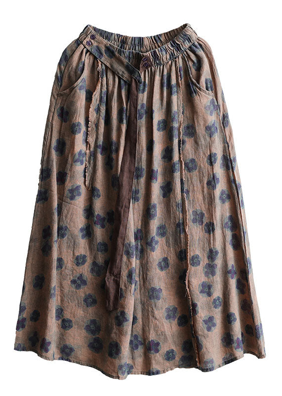 Bohemian Khaki Elastic Waist Print Linen Skirts Summer