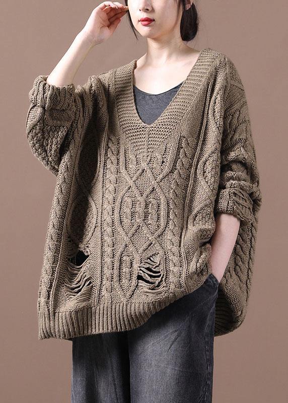 Bohemian Khaki Hole V Neck Fall Cozy Sweater