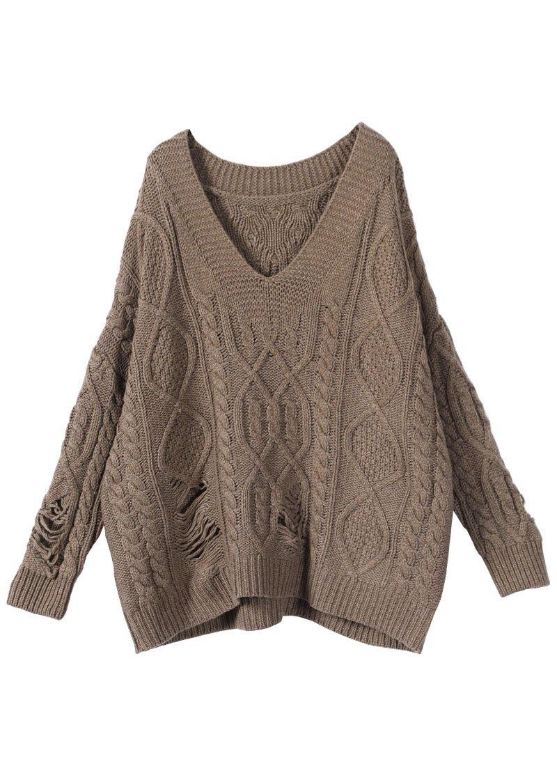 Bohemian Khaki Hole V Neck Fall Cozy Sweater