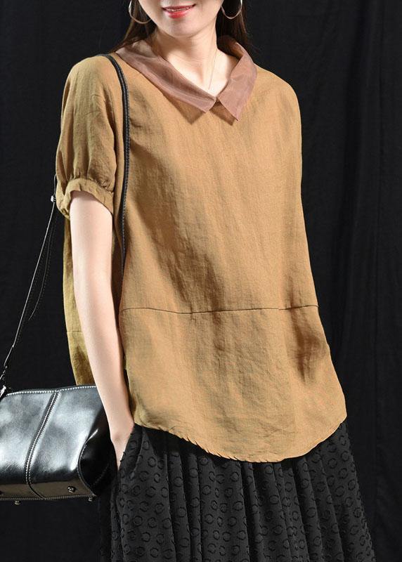 Bohemian Khaki Patchwork Turn-down Collar Summer Short Sleeve Top