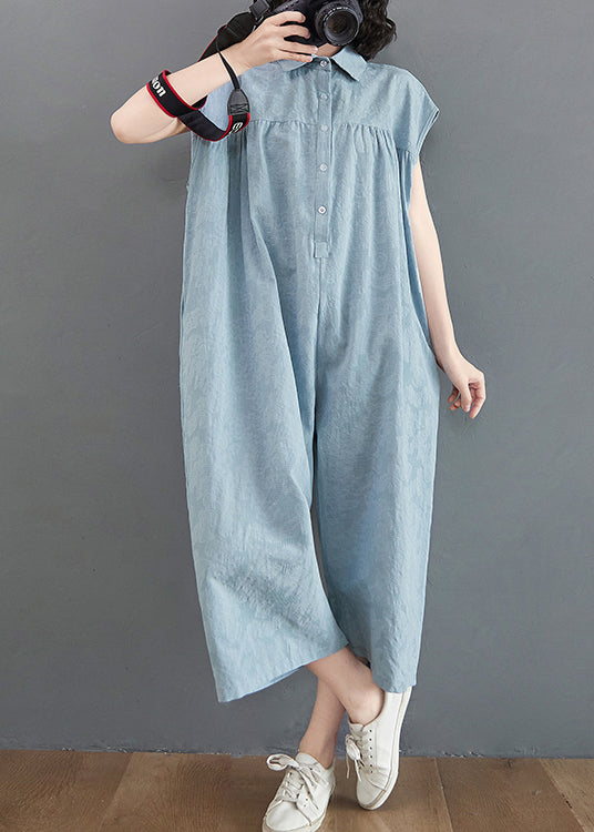 Bohemian Light Blue Oversized Patchwork Cotton Jumpsuit Summer