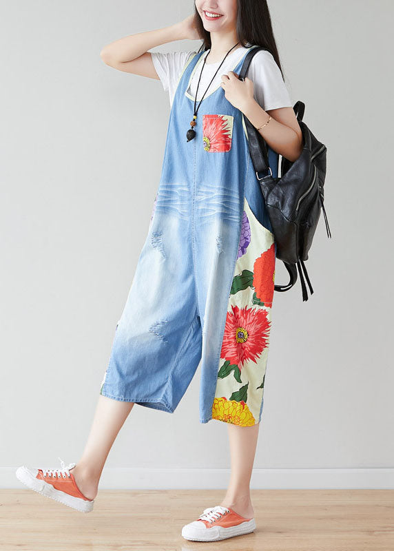 Bohemian Light Blue Oversized Patchwork Print Cotton Denim Jumpsuits Summer