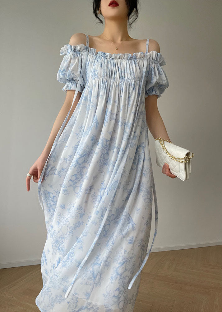 Bohemian Light Blue Ruffled Wrinkled Print Chiffon Spaghetti Strap Dresses Sleeveless