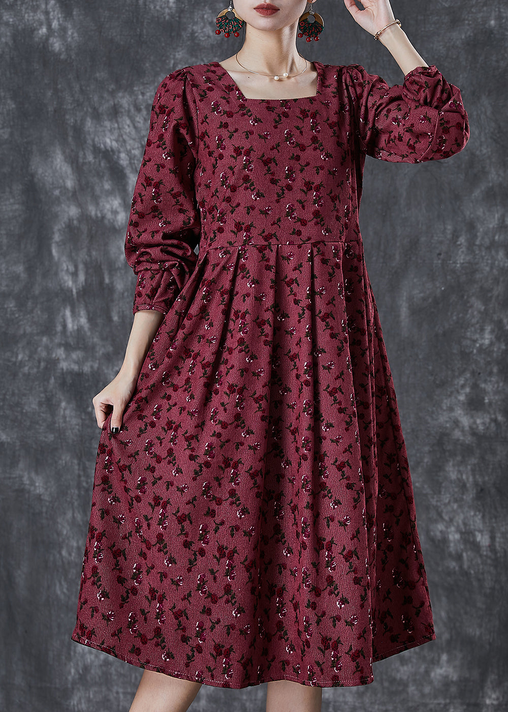 Bohemian Mulberry Square Collar Print Corduroy Robe Dresses Spring