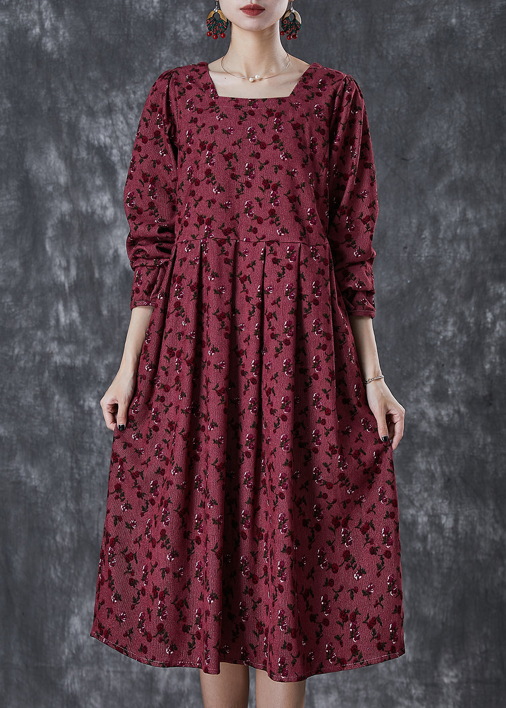 Bohemian Mulberry Square Collar Print Corduroy Robe Dresses Spring