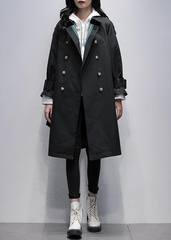 Bohemian Notched tie waist Fine trench coat black Knee coats