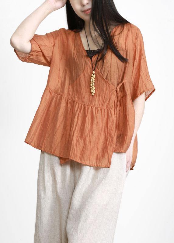 Bohemian Orange V Neck Patchwork Linen Top