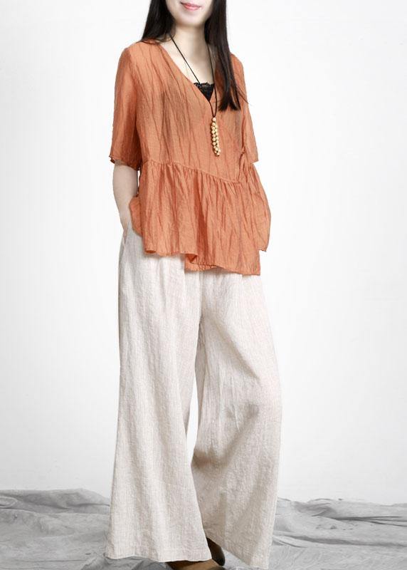 Bohemian Orange V Neck Patchwork Linen Top