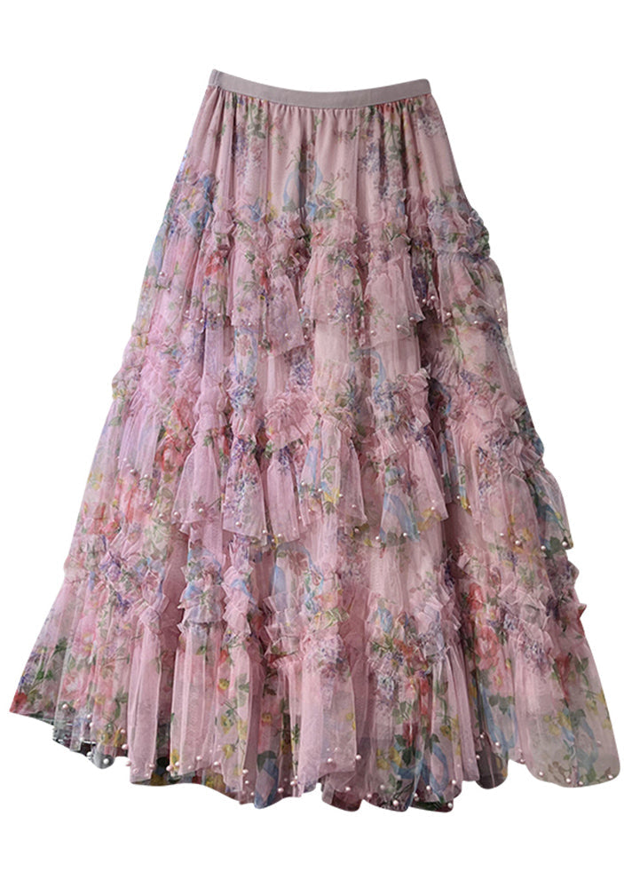 Bohemian Pink Asymmetrical Print Nail Bead Tulle A Line Skirt Spring