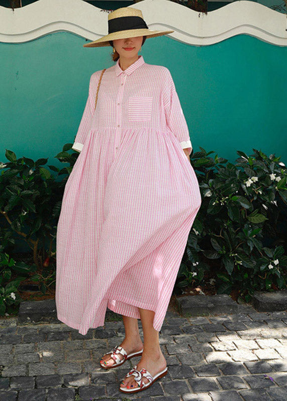 Bohemian Rose Peter Pan Collar Striped Button Pockets Wrinkled Long Dresses Half Sleeve