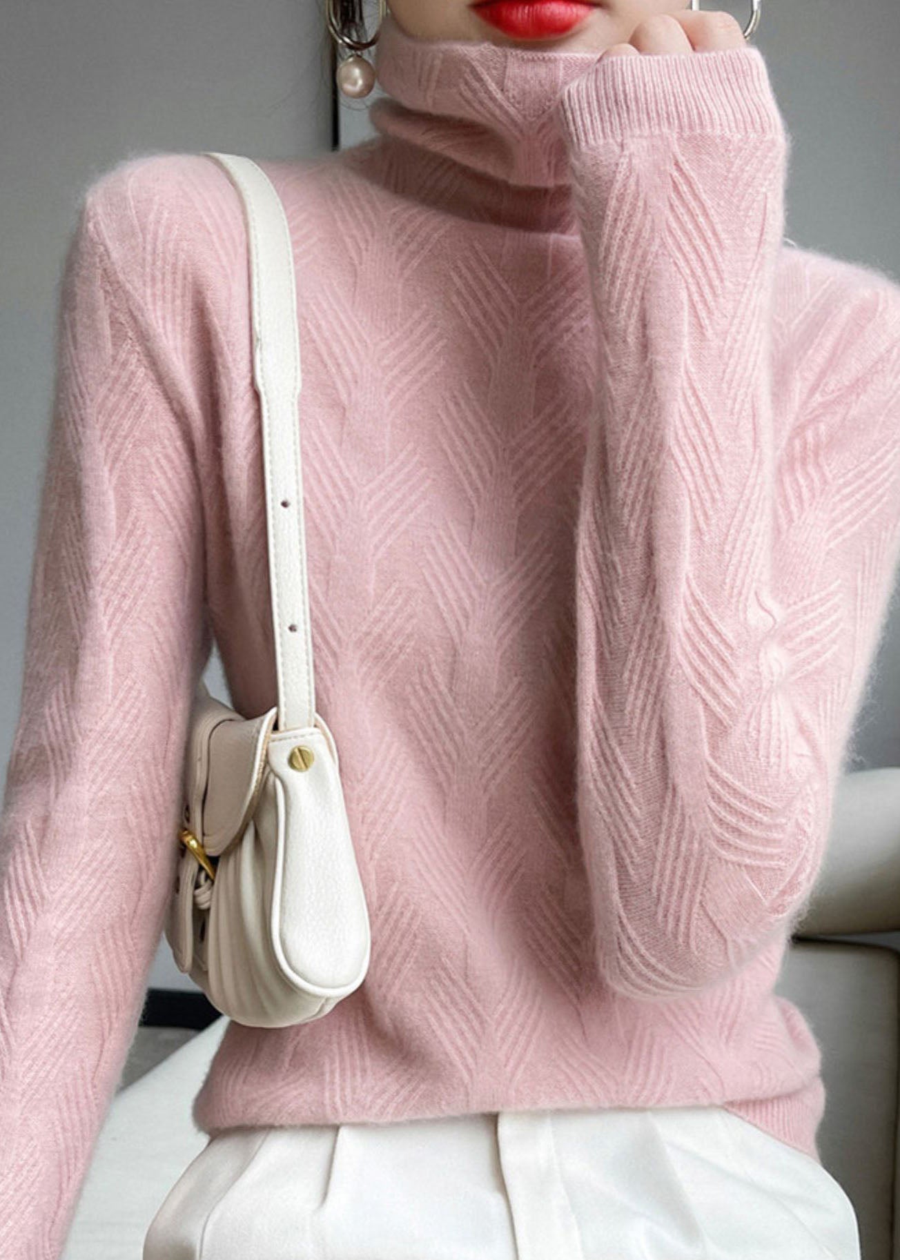 Bohemian Pink Turtle Neck Thick Wool Knit Top Winter