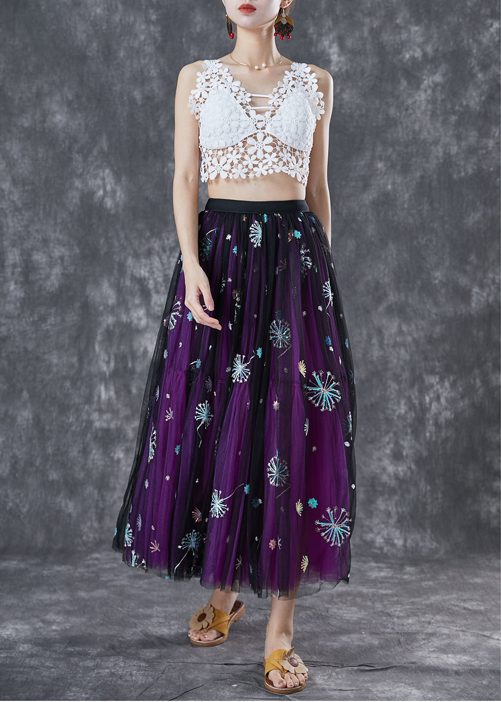 Bohemian Purple Dandelion Embroideried Wear On Both Sides Tulle Skirt Summer