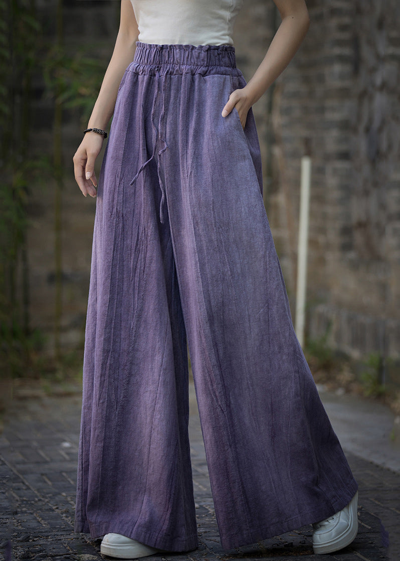 Bohemian Purple Tie Dye Elastic Waist Linen Wide Leg Pants Summer