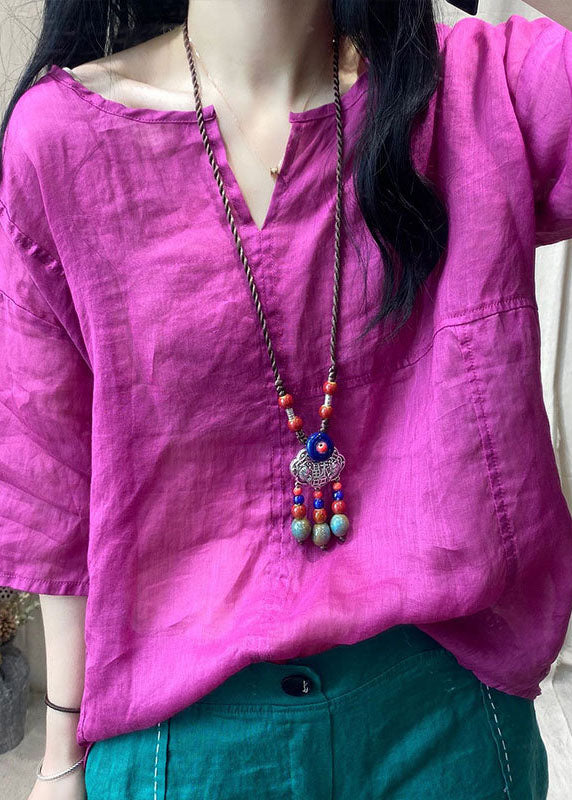 Bohemian Purple V Neck Patchwork Linen Tops Short Sleeve