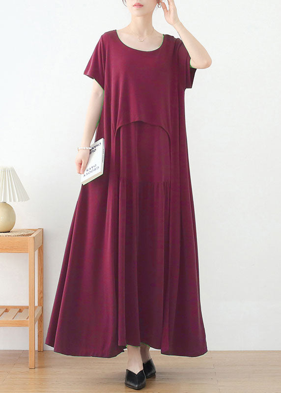 Bohemian Red O-Neck Exra Large Hem Long Dress Short Sleeve