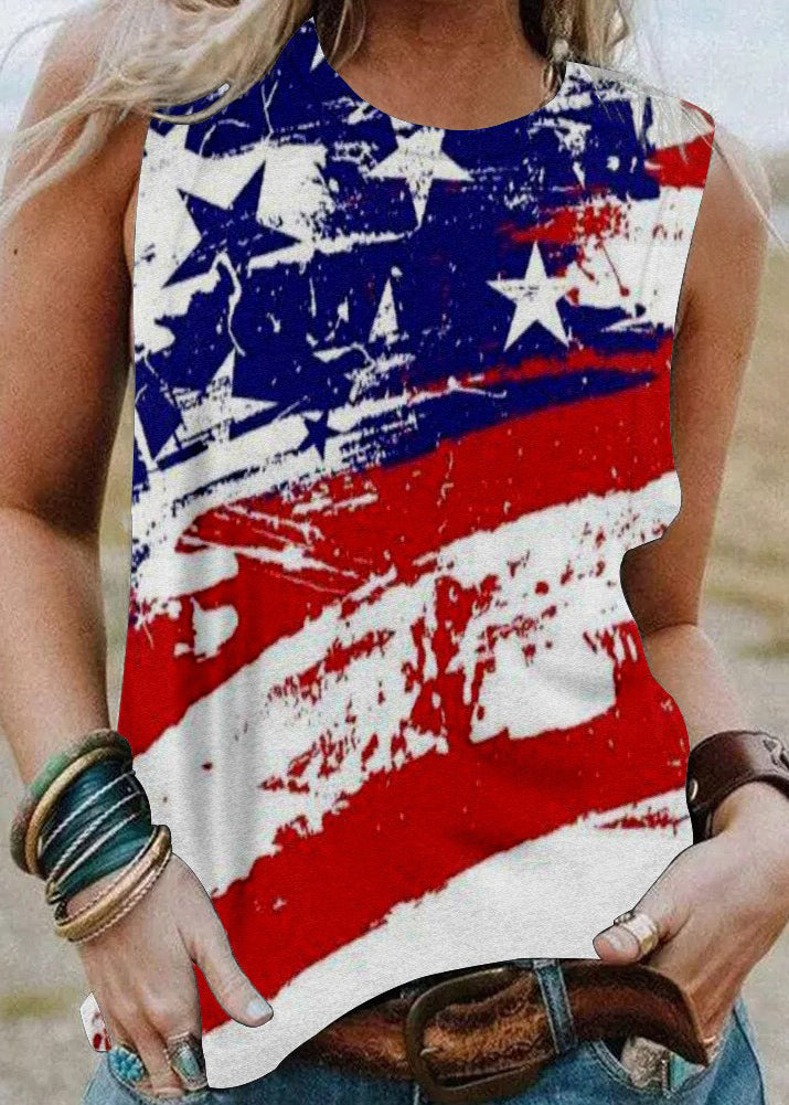 Bohemian Red O-Neck Flag Print Cotton Tank Top Sleeveless