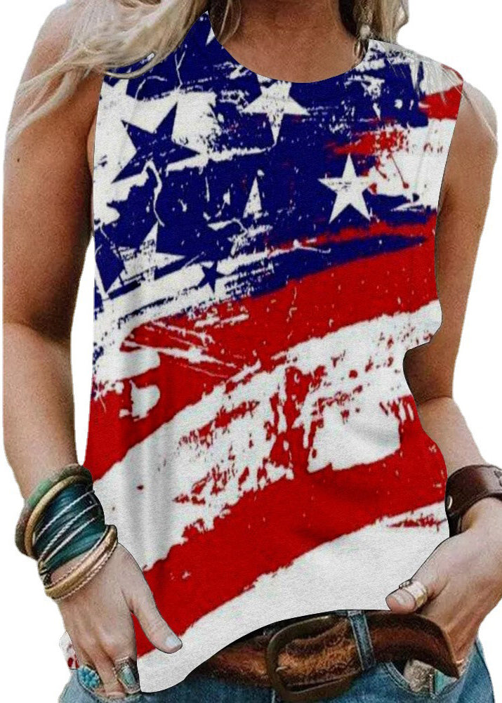 Bohemian Red O-Neck Flag Print Cotton Tank Top Sleeveless