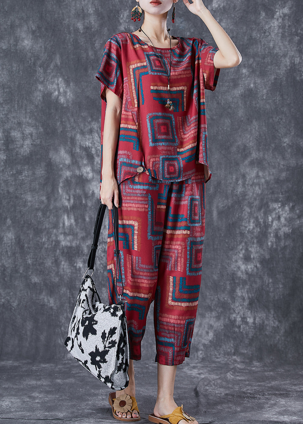 Bohemian Red O-Neck Print Linen Silk Two Piece Set Summer