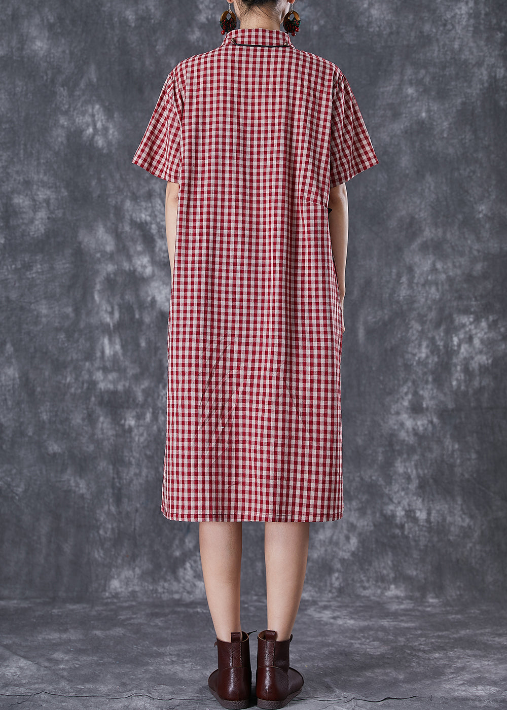 Bohemian Red Peter Pan Collar Plaid Linen Maxi Dress Summer