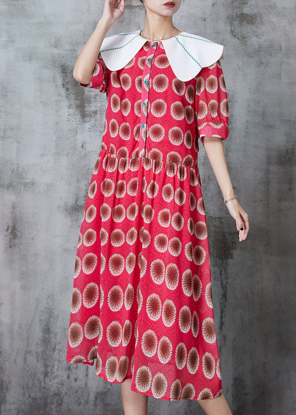 Bohemian Red Peter Pan Collar Print Chiffon Dress Summer