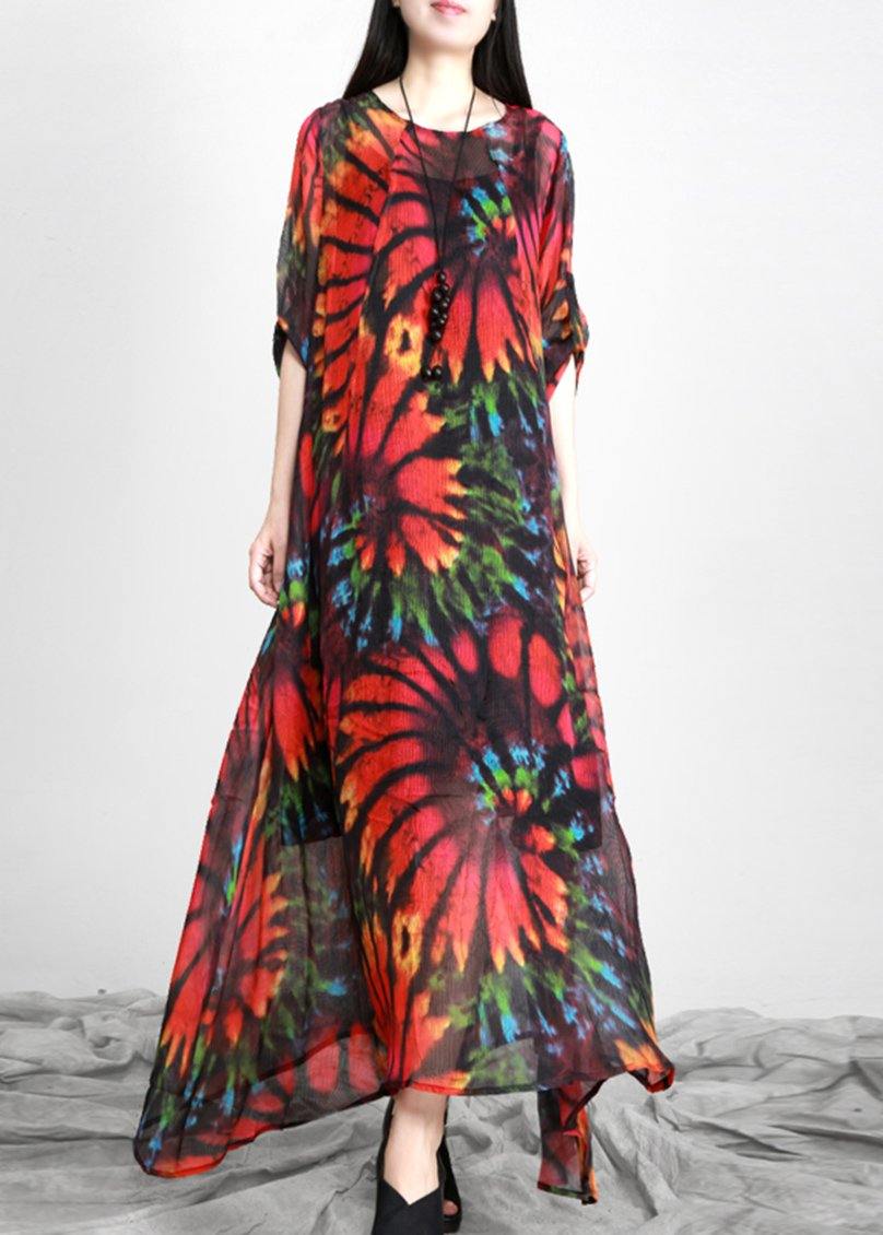 Bohemian Red Print Chiffon Maxi Dresses