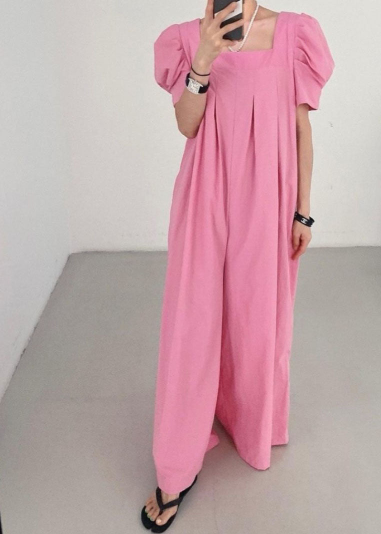 Bohemian Rose Square Collar Oversized Linen Jumpsuits Wide Leg Pants Summer