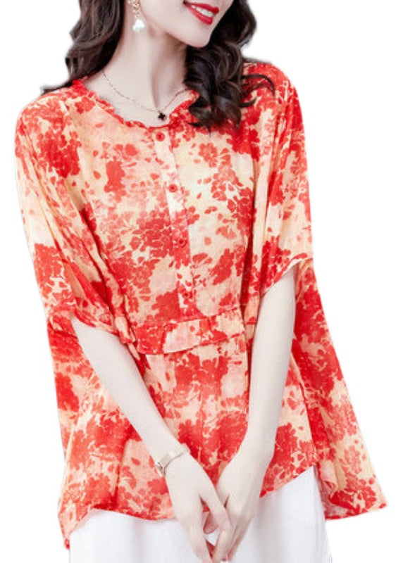 Bohemian Watermelon Red O-Neck wrinkled Asymmetrical Print Chiffon Tops Short Sleeve