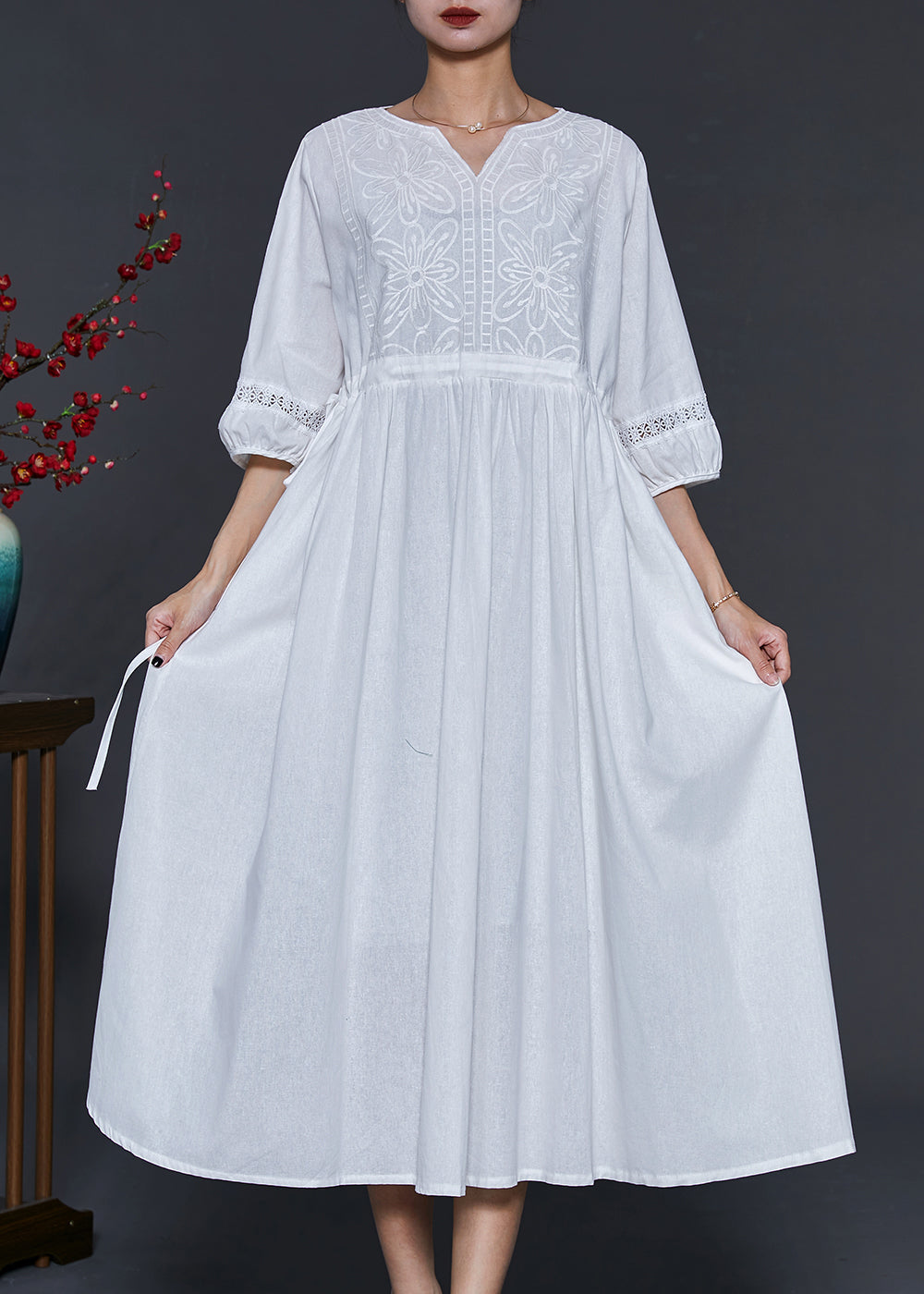 Bohemian White Embroidered Cotton Cinched Dress Summer