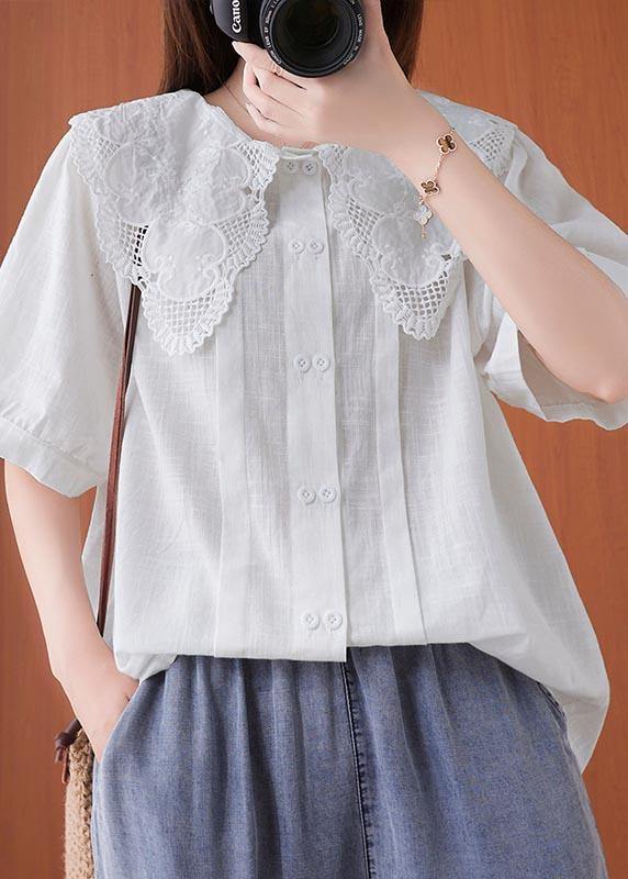 Bohemian White Peter Pan Collar Button Cotton Linen Tops Summer