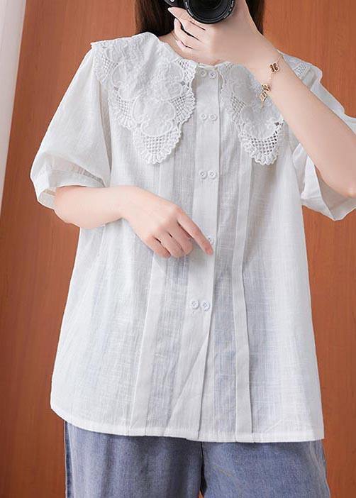 Bohemian White Peter Pan Collar Button Cotton Linen Tops Summer