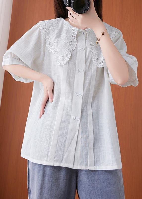 Bohemian White Peter Pan Collar Button Cotton Linen Tops Summer