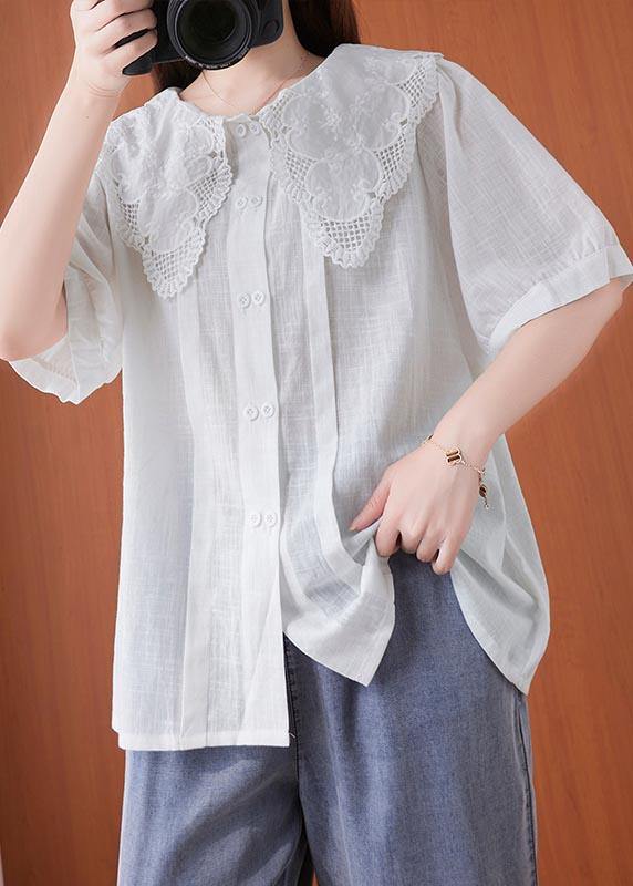 Bohemian White Peter Pan Collar Button Cotton Linen Tops Summer