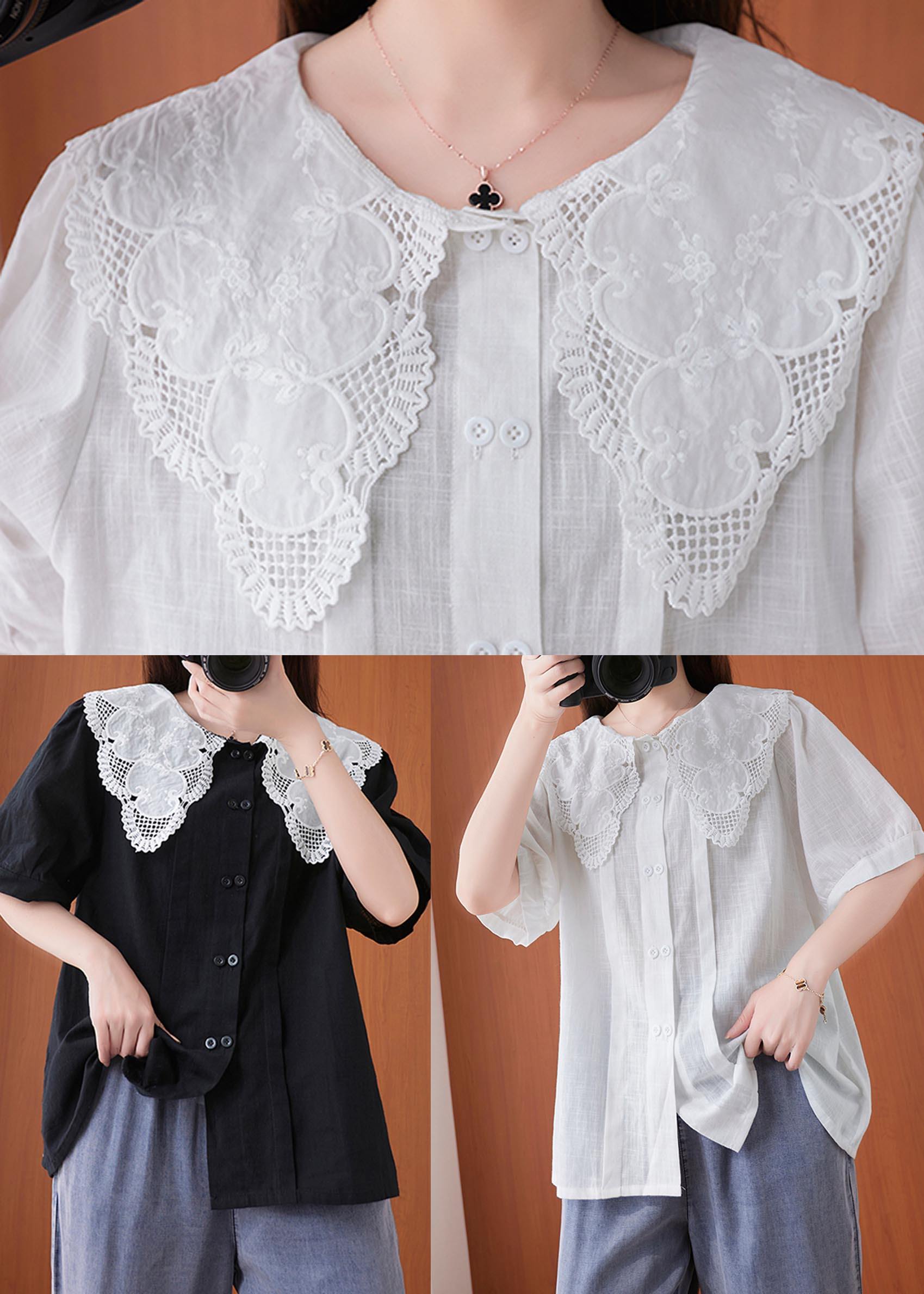 Bohemian White Peter Pan Collar Button Cotton Linen Tops Summer