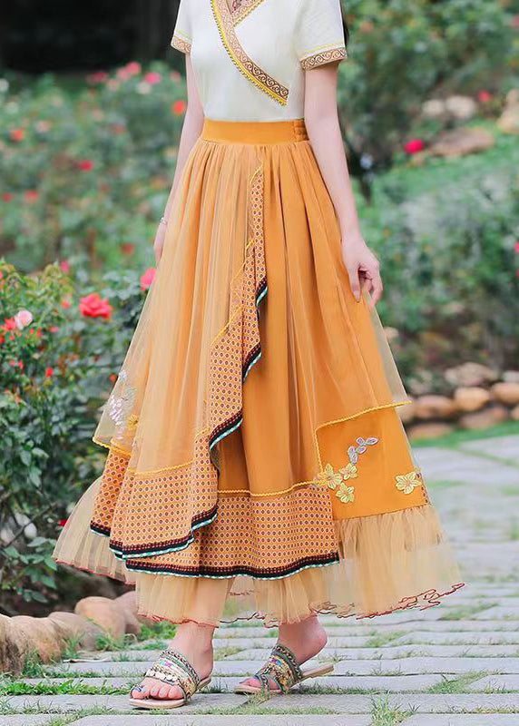 Bohemian Yellow Asymmetrical Patchwork Tulle Skirts Spring