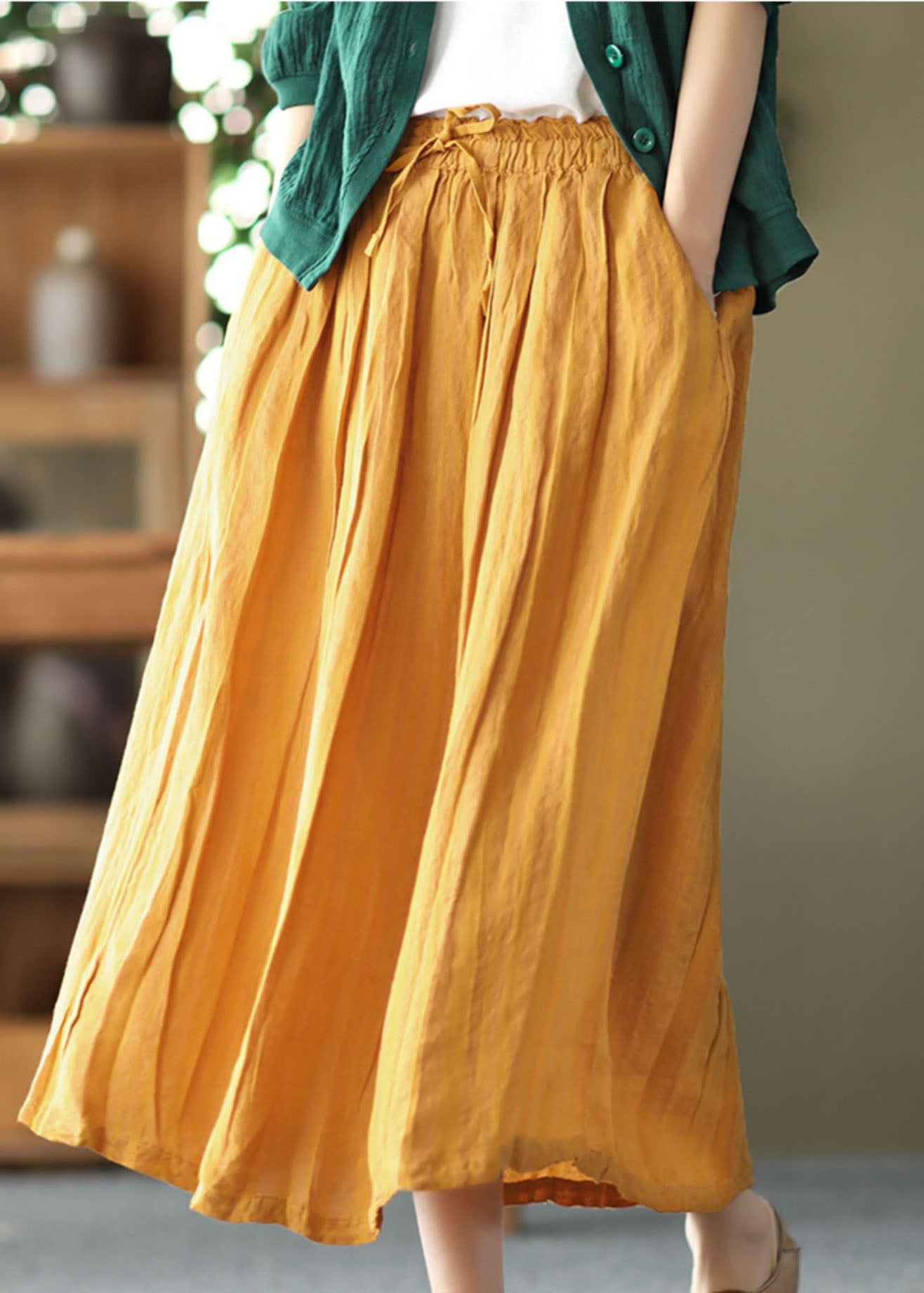 Bohemian Yellow Elastic Waist Wrinkled Linen Skirt Summer