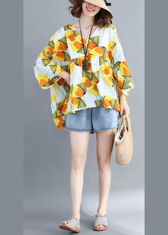 Bohemian Yellow Loose V Neck Print Patchwork Fall Tops Half Sleeve