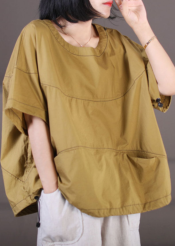 Bohemian Yellow O-Neck Pockets Line Cotton Top Short Sleeve