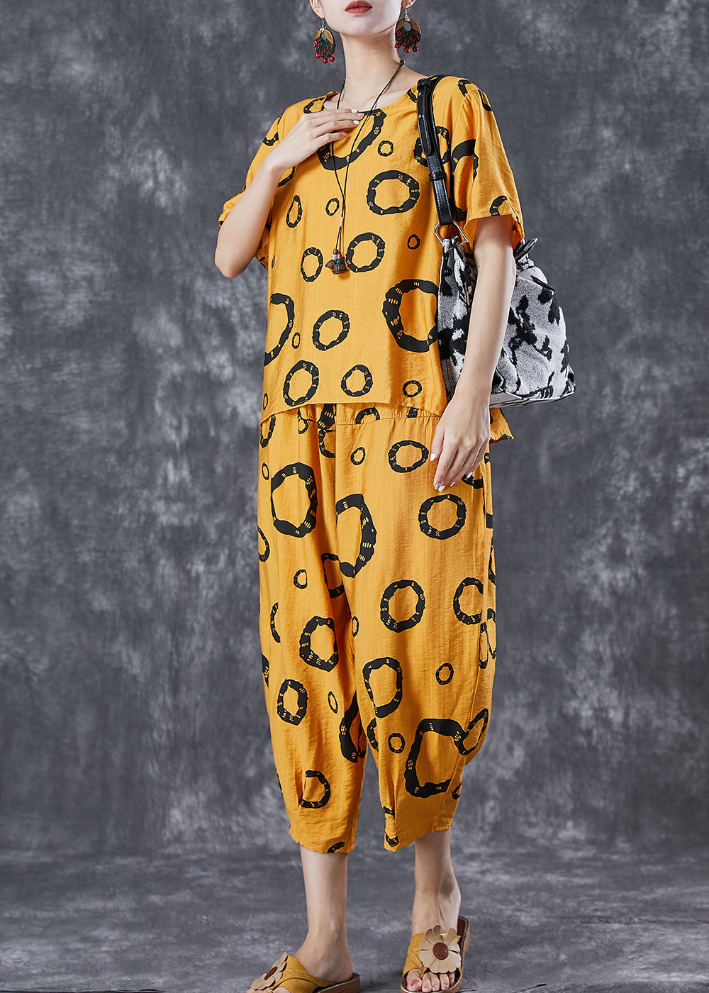 Bohemian Yellow Oversized Print Cotton Two Pieces Set Summer