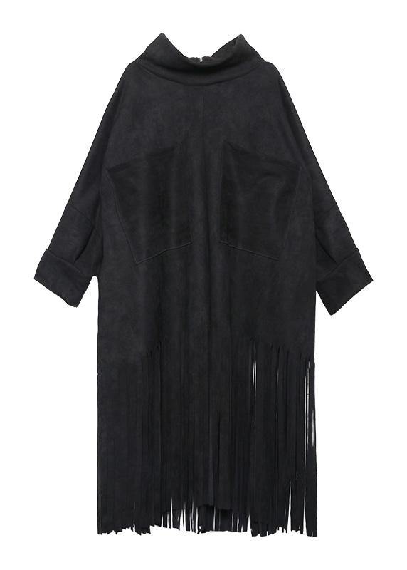 Bohemian black cotton Tunics tassel Plus Size half high neck Dress