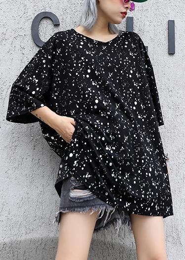 Bohemian black dotted cotton tunic top v neck side open Plus Size Clothing summer tops