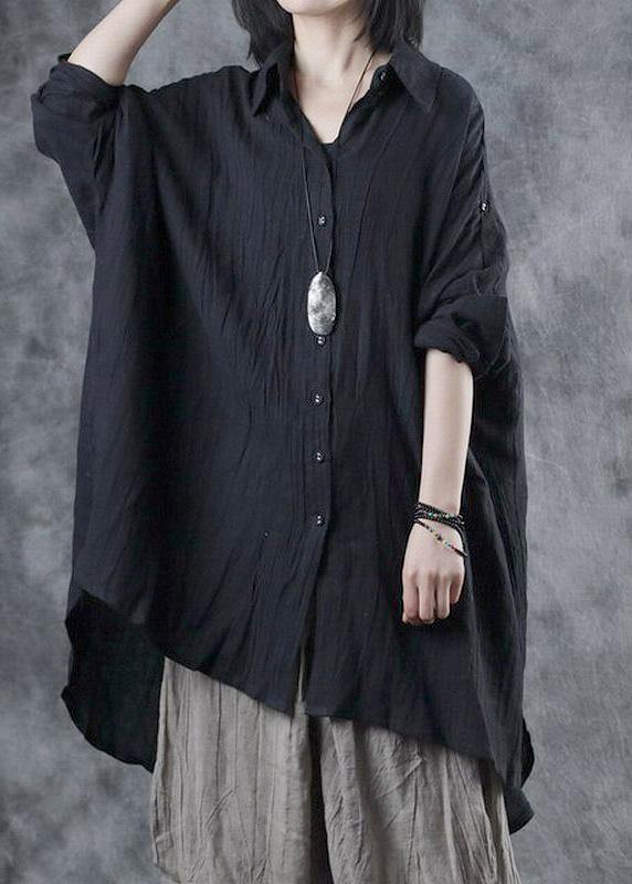 Bohemian black linen crane tops lapel Batwing Sleeve tunic fall tops