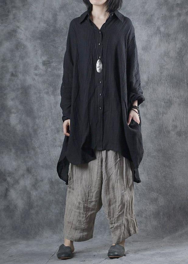 Bohemian black linen crane tops lapel Batwing Sleeve tunic fall tops