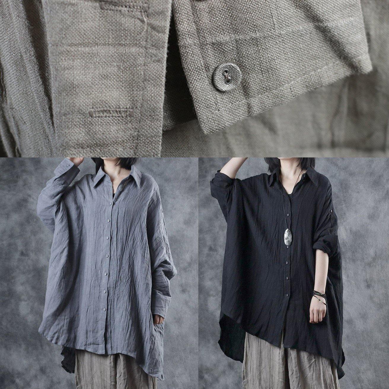 Bohemian black linen crane tops lapel Batwing Sleeve tunic fall tops