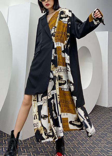 Bohemian black patchwork Letter outfit Notched asymmetric oversized Dress