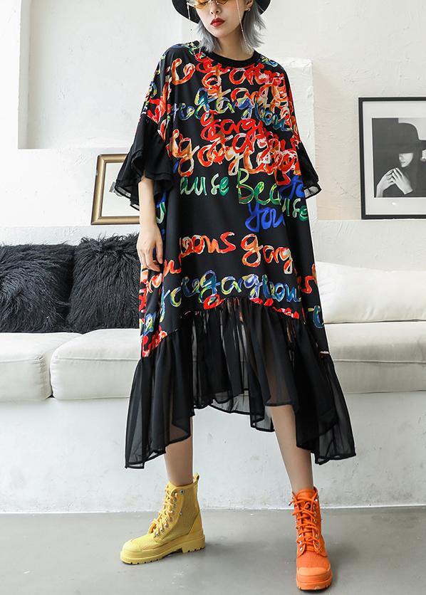 Bohemian black print cotton quilting clothes o neck patchwork Maxi summer Dress