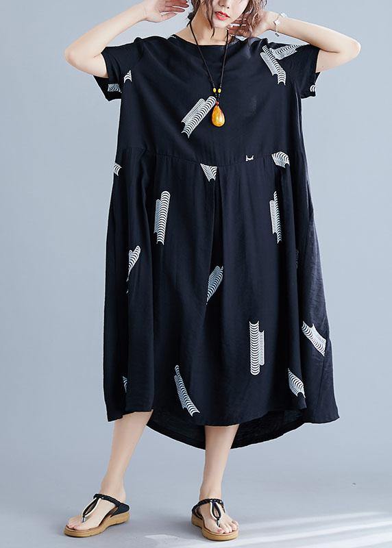 Bohemian black prints cotton linen Robes loose waist Plus Size Clothing summer Dresses